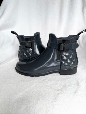HUNTER Refined Gloss Quilt Chelsea Waterproof Ankle Boots Womens Size 8 Gray